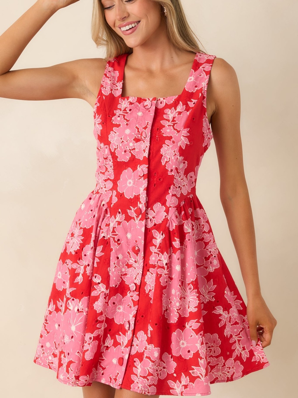 NWT entro Red & Pink Floral eyeletSquare-Neck Mini Dress